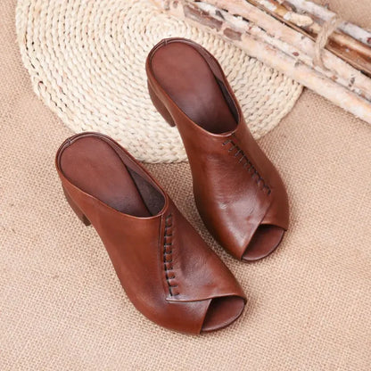 Thick-Heeled Leather Sandals