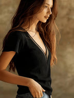 Mesh Patchwork V-Neck Top