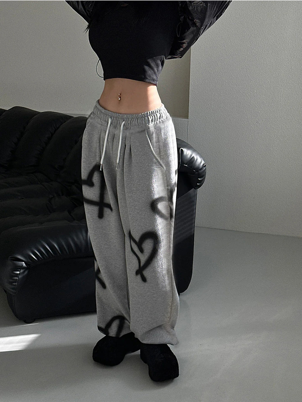 Heart Print Drawstring Wide-Leg Sweatpants