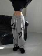 Heart Print Drawstring Wide-Leg Sweatpants