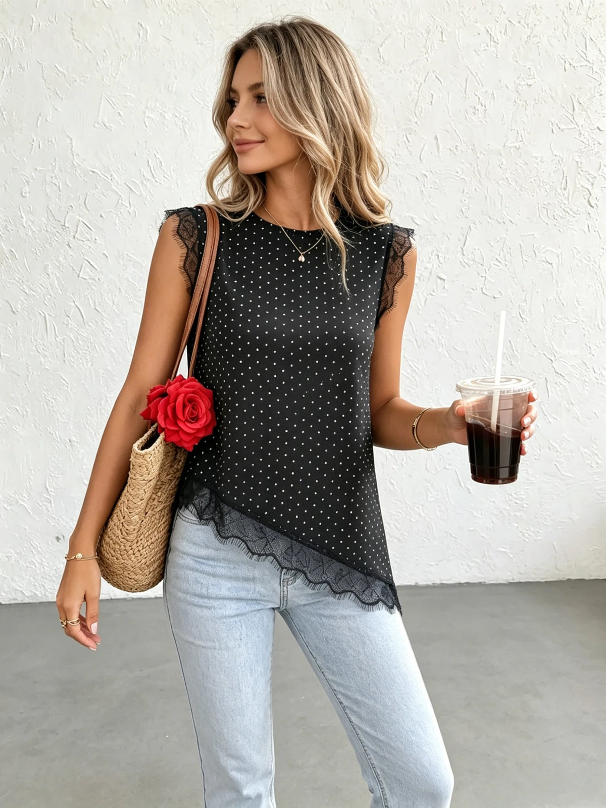 Polka Dot Lace-Trim Tank Top