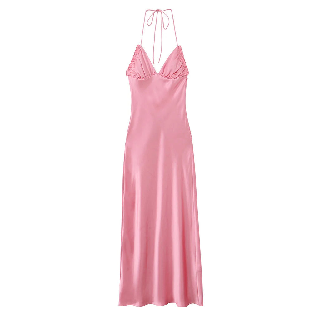 Pink Satin V-Neck Halter Dress