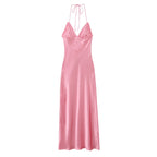 Pink Satin V-Neck Halter Dress