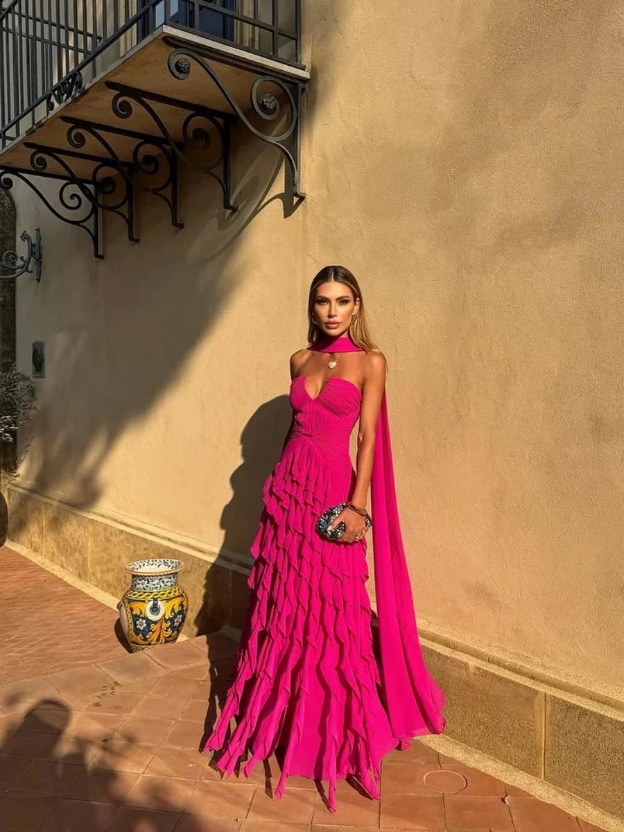 Halter Ruffle Chiffon Gown