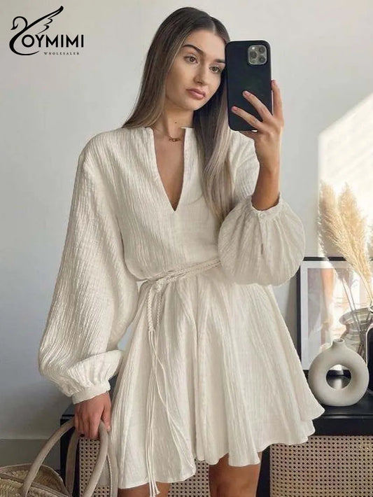 Beige Cotton V-Neck Dress