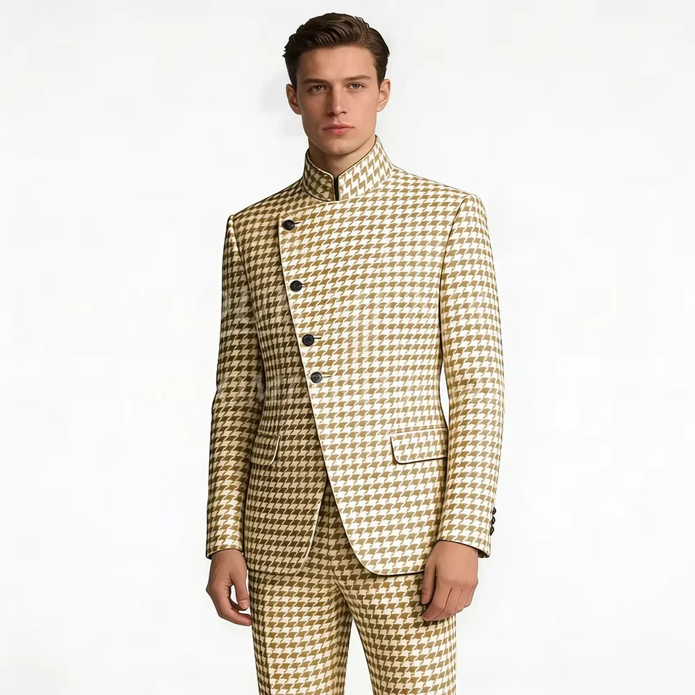 Houndstooth Mandarin-Collar Slim Suit