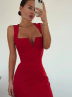 Square-Neck Zip-Up Split Dress