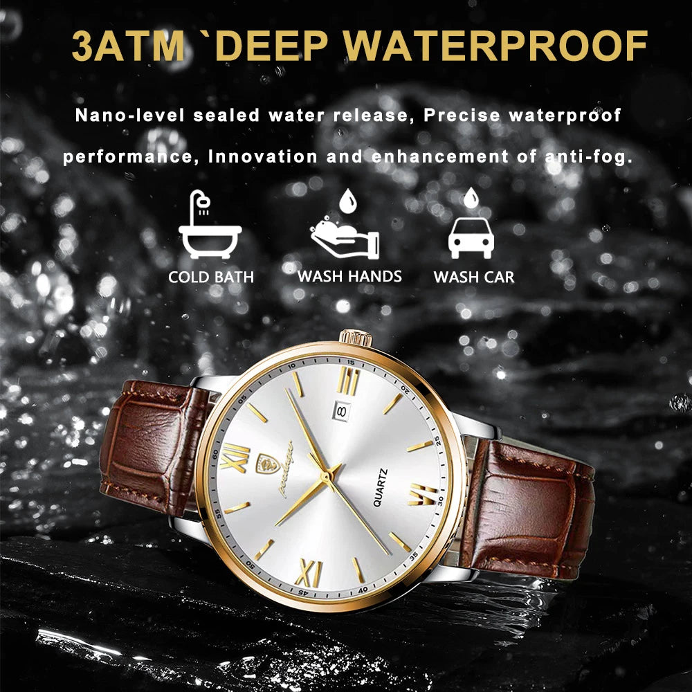 POEDAGAR Gold Leather Quartz Watch