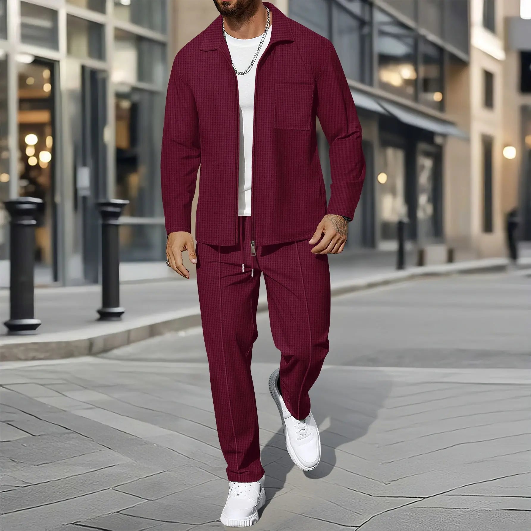 Waffle Zip Shirt Coat Trousers Set