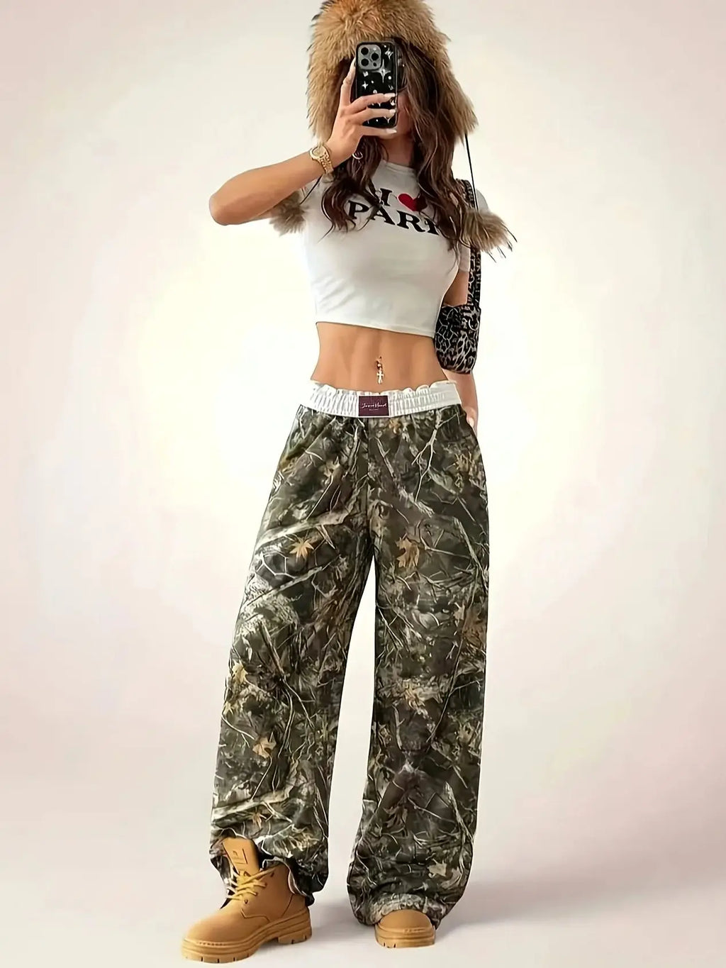 Camouflage Print Wide-Leg Pants