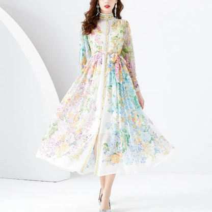 Vintage Print High Collar Maxi Dress