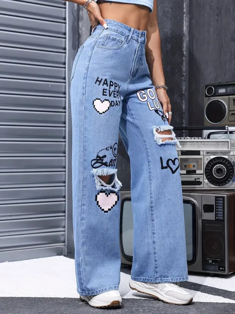 High Waist Ripped Straight Jeans