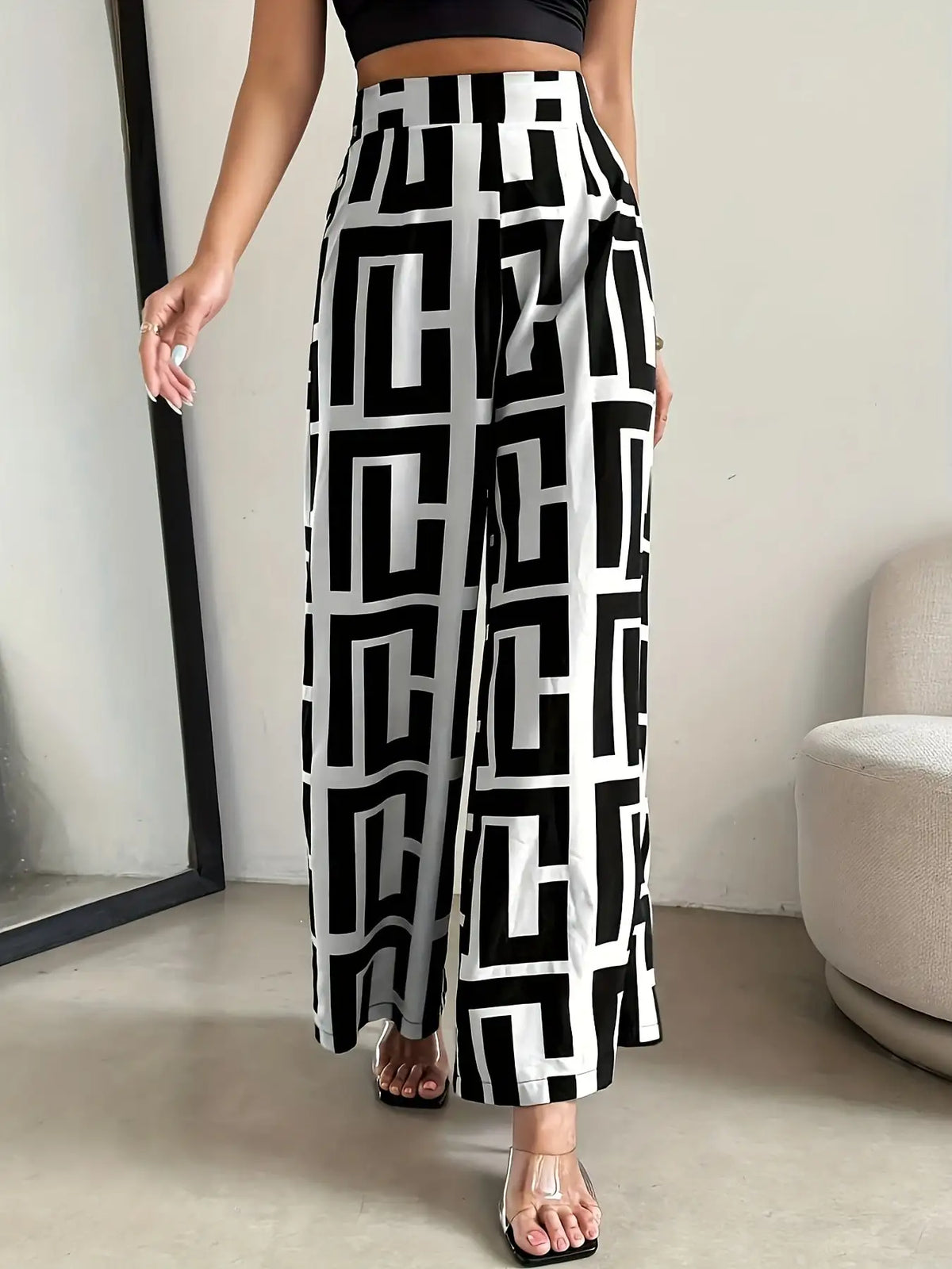 Checkered Print Bohemian Wide-Leg Pants