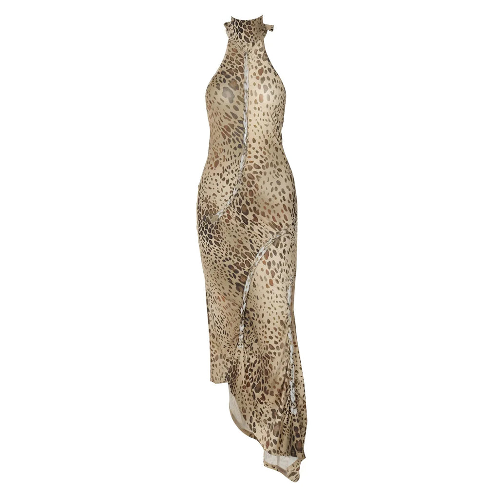 Leopard Halter Backless Maxi Dress