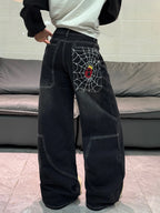 Spider-Web Embroidery Wide-Leg Jeans