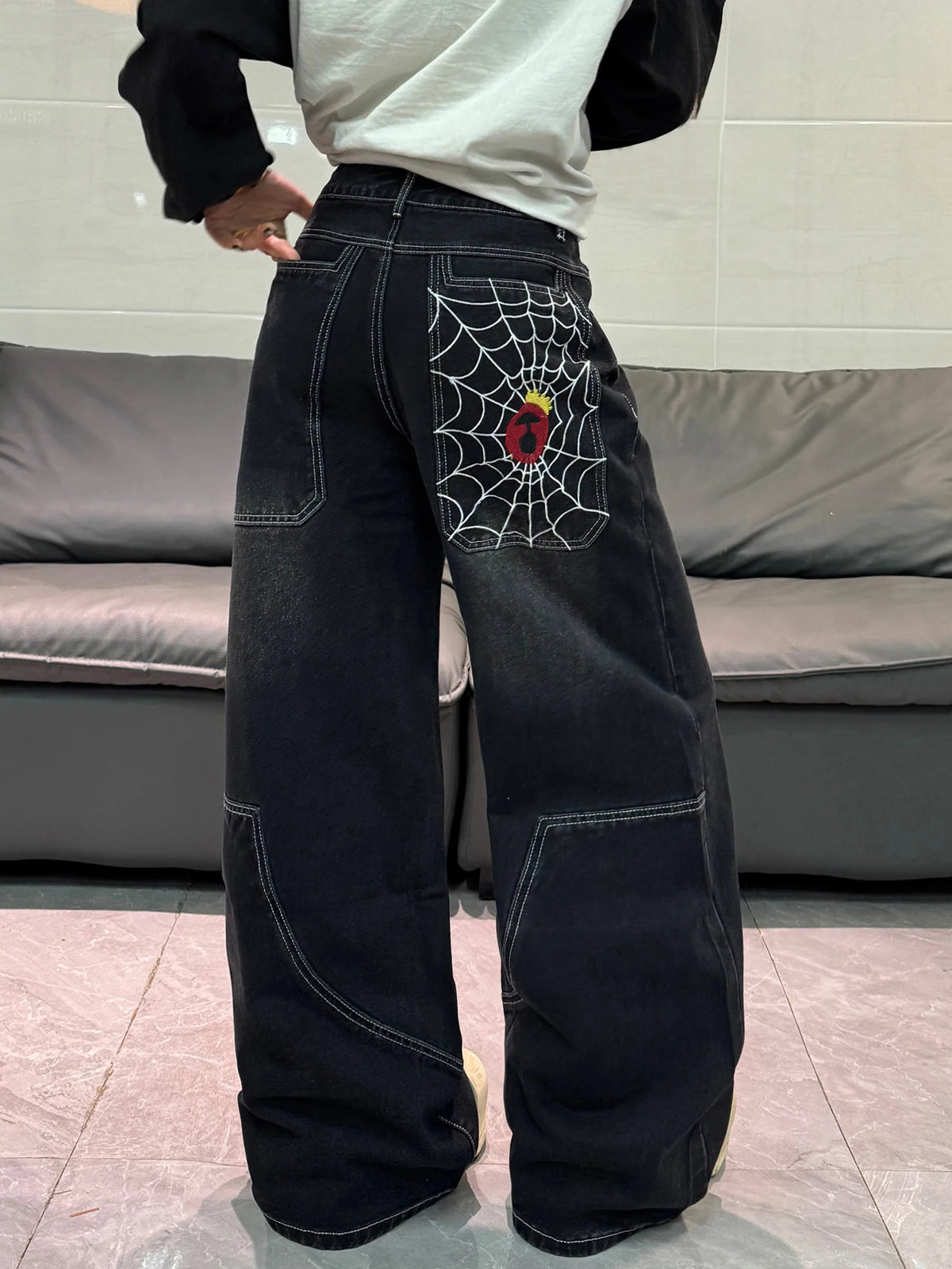 Spider-Web Embroidery Wide-Leg Jeans