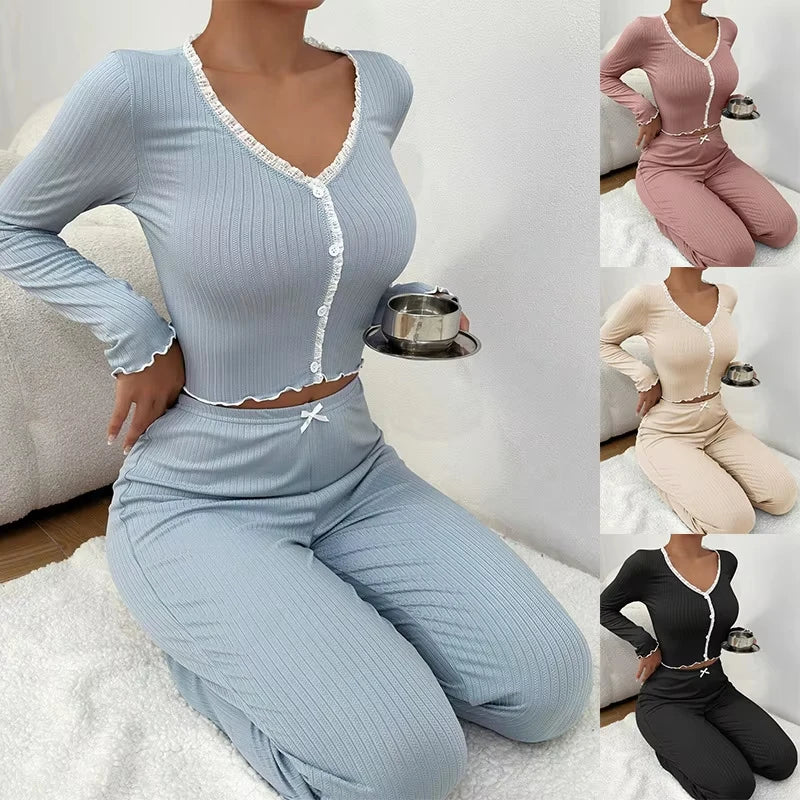 Elegant Solid V-Neck Knit Pajama Set