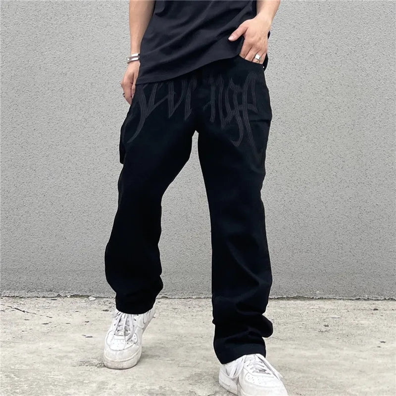 Embroidered Letter Loose Hip-Hop Jeans