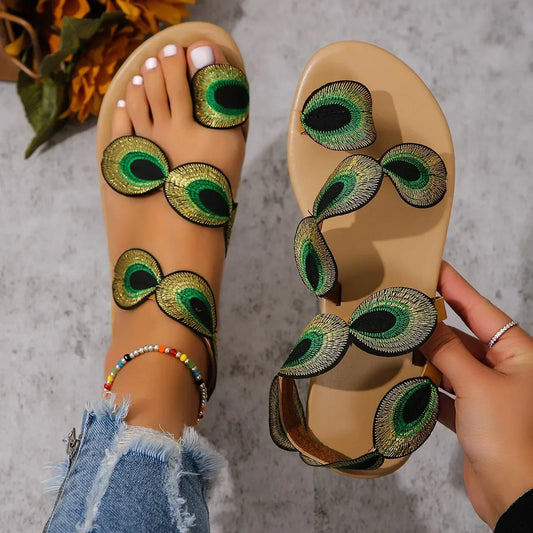 Peacock Feather Flat Sandals
