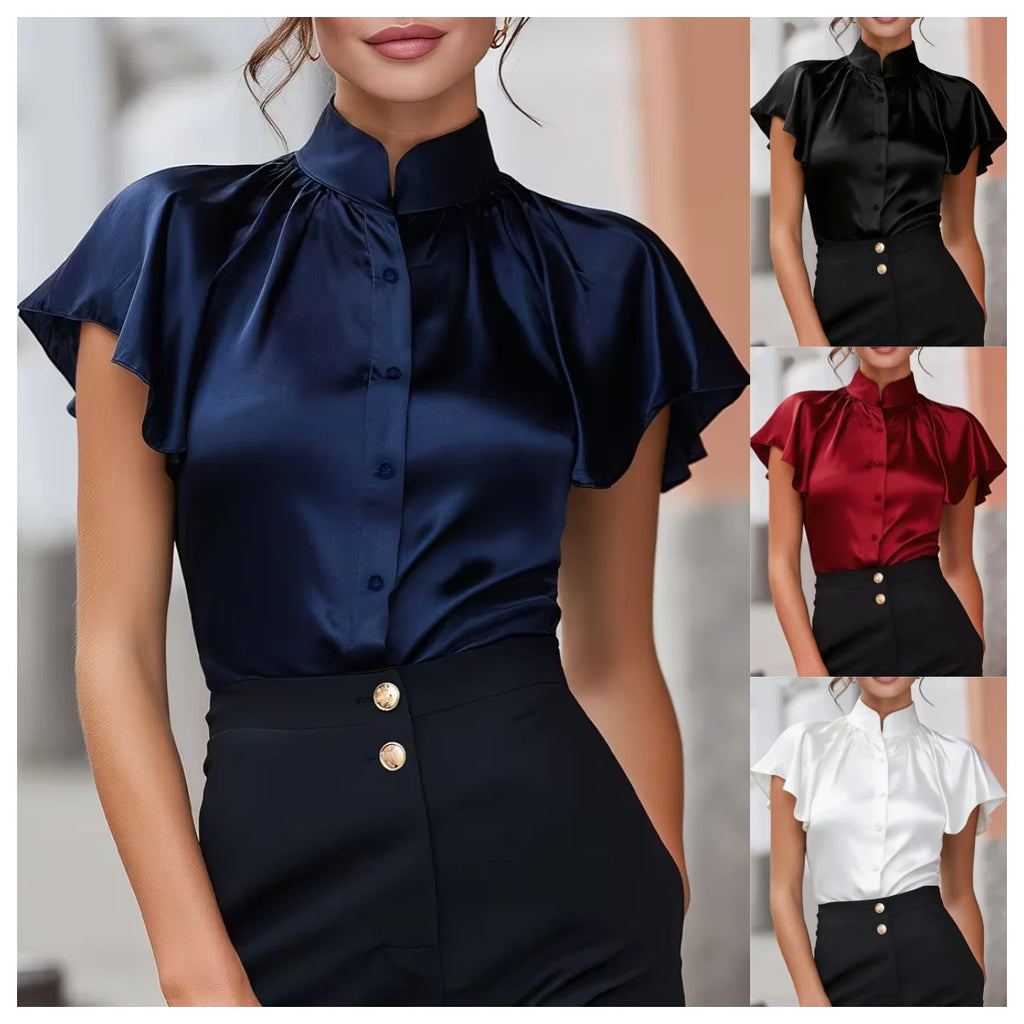 Satin Solid Button Front Regular Fit Blouse
