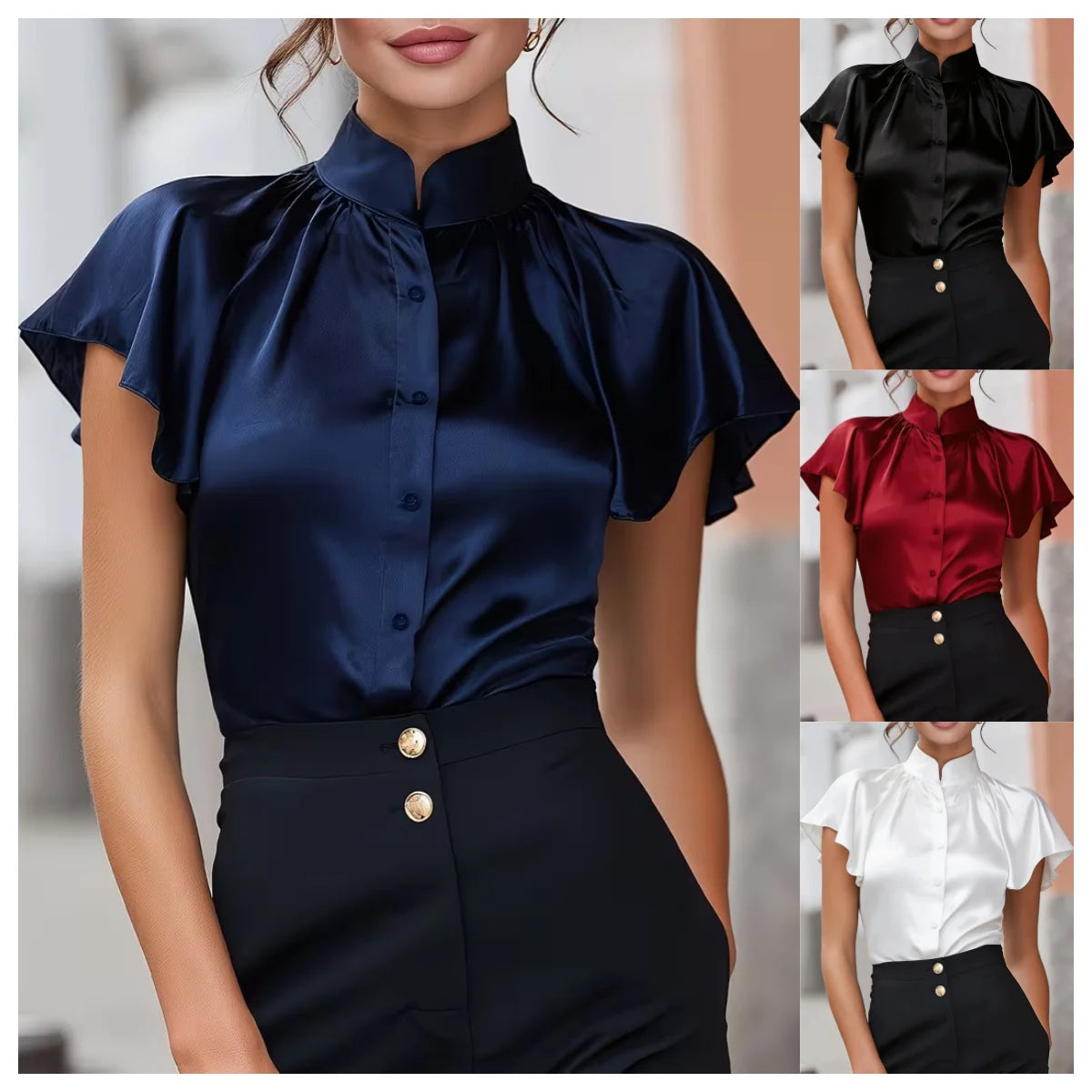 Satin Solid Button Front Regular Fit Blouse