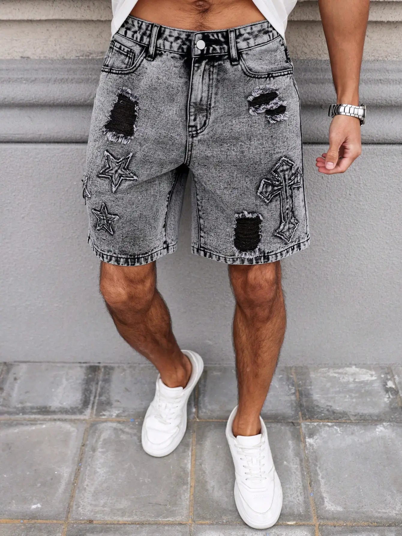 Ripped Straight Denim Shorts