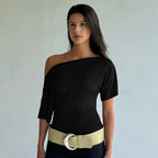 Polyester Solid Asymmetric Collar True-To-Size Fit Top