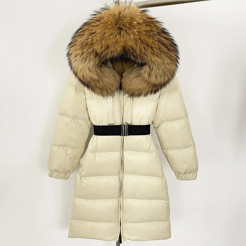 Women’s White Duck Down Puffer Coat with Real Fur Hood
