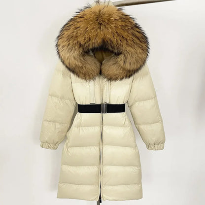 Women’s White Duck Down Puffer Coat with Real Fur Hood