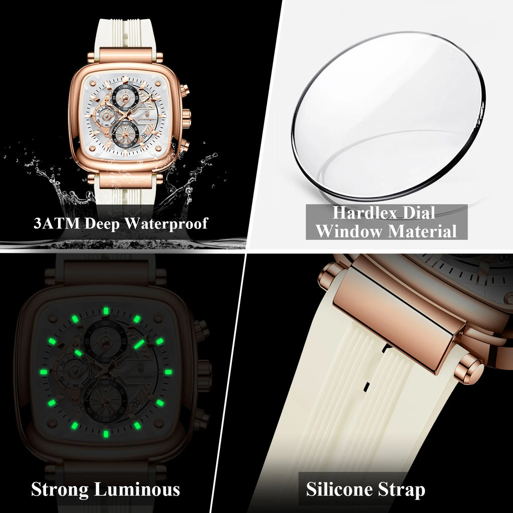 POEDAGAR Square Silicone Sport Watch