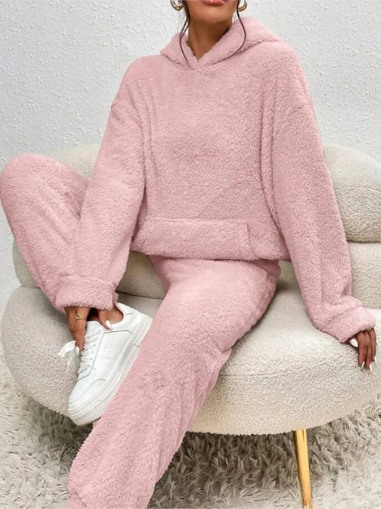 Women’s Plush Hooded Sweatshirt & Trousers 2-Piece Set