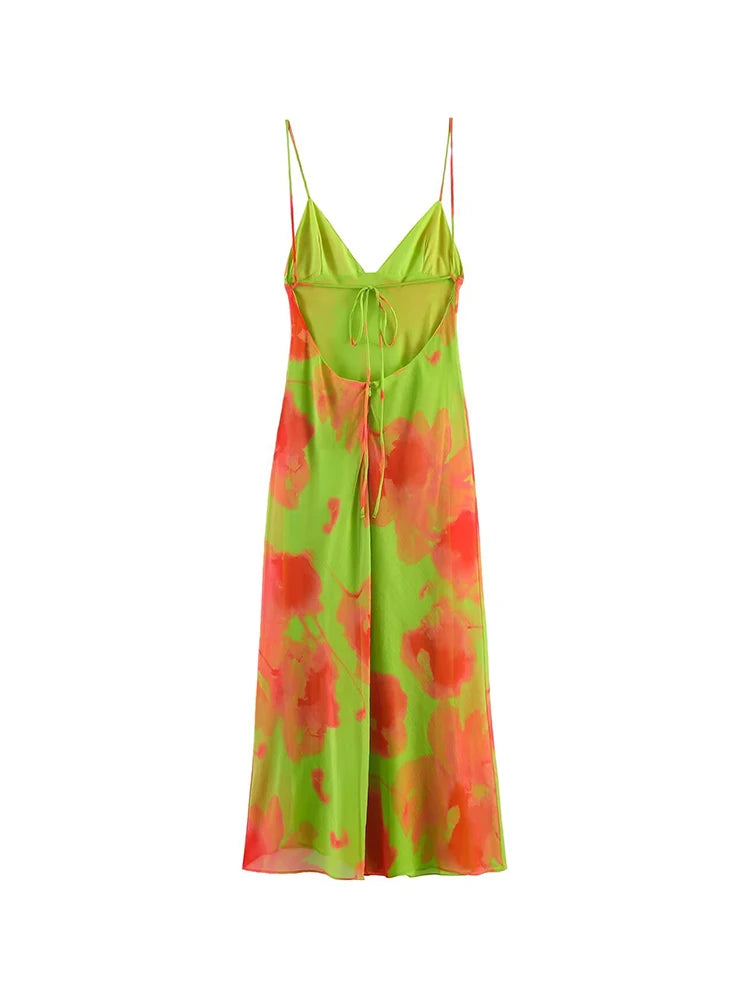 Floral Lace-Up Spaghetti Strap Dress