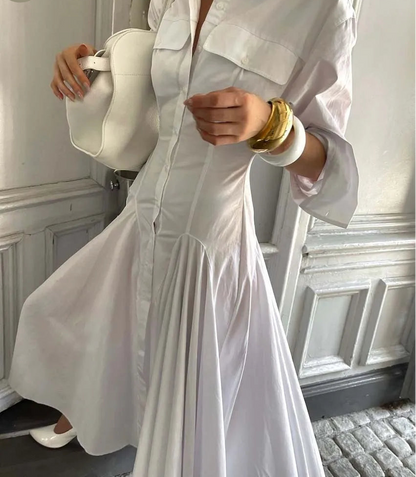 White Lapel Button Maxi Dress
