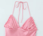 Pink Satin V-Neck Halter Dress