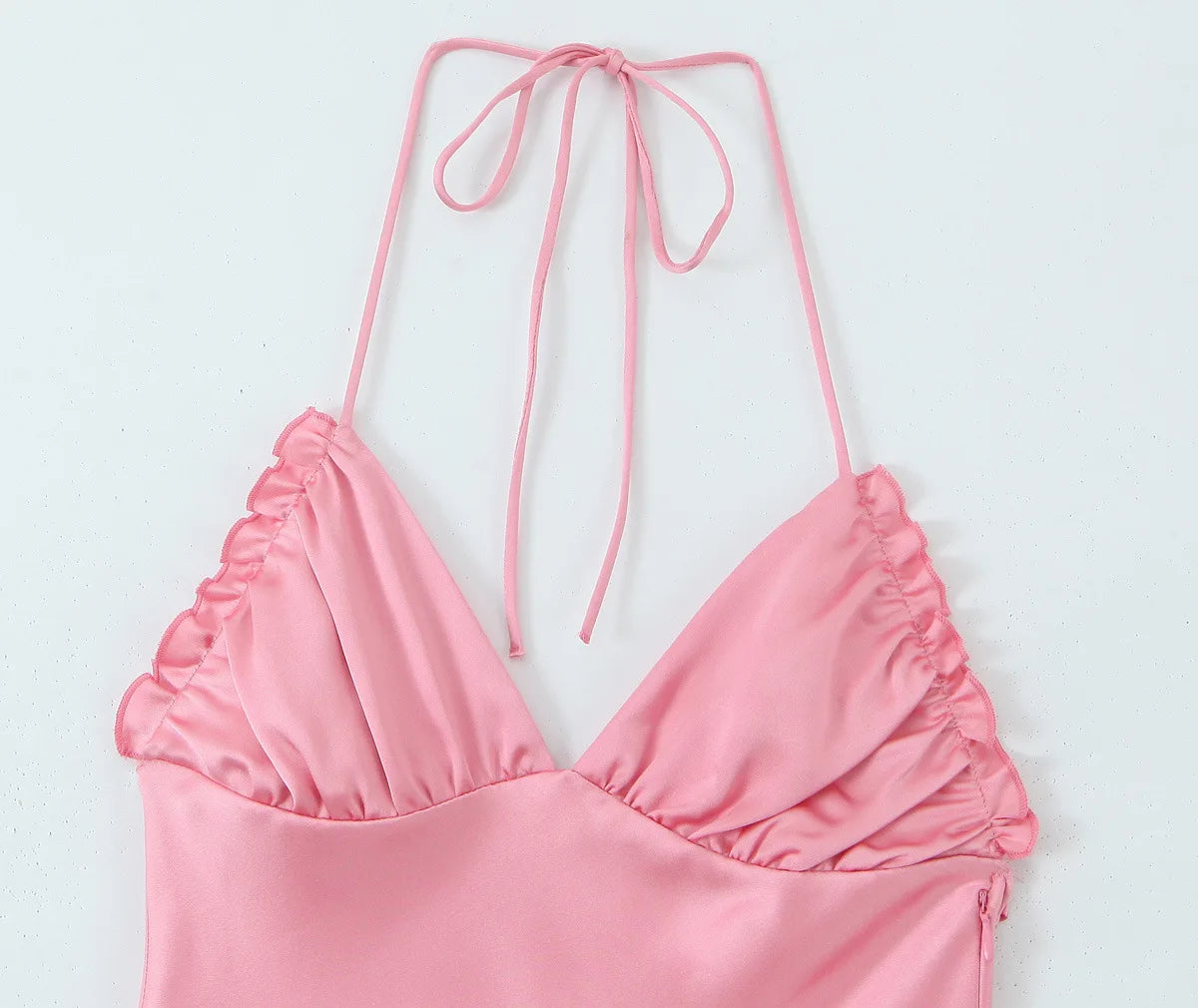Pink Satin V-Neck Halter Dress