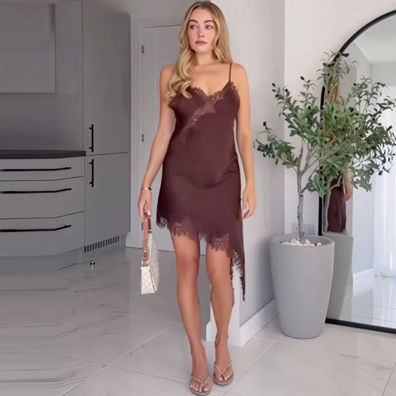 Lace Asymmetric Slip Mini Dress
