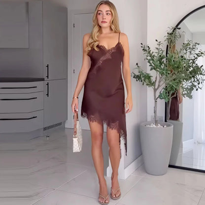 Lace Asymmetric Slip Mini Dress