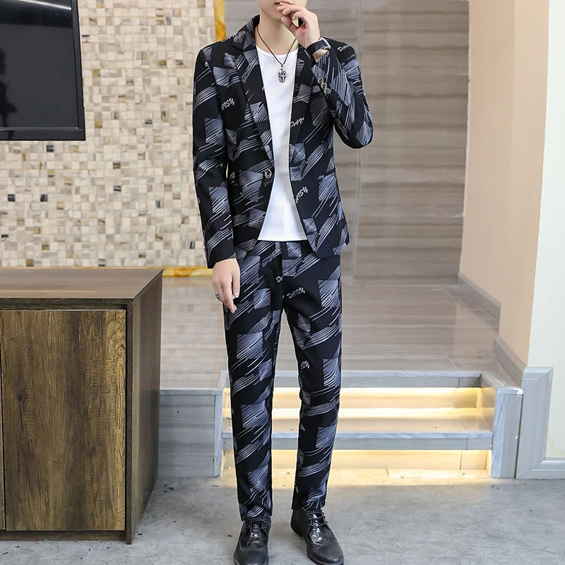 Korean Lettering Slim Suit Trousers Set