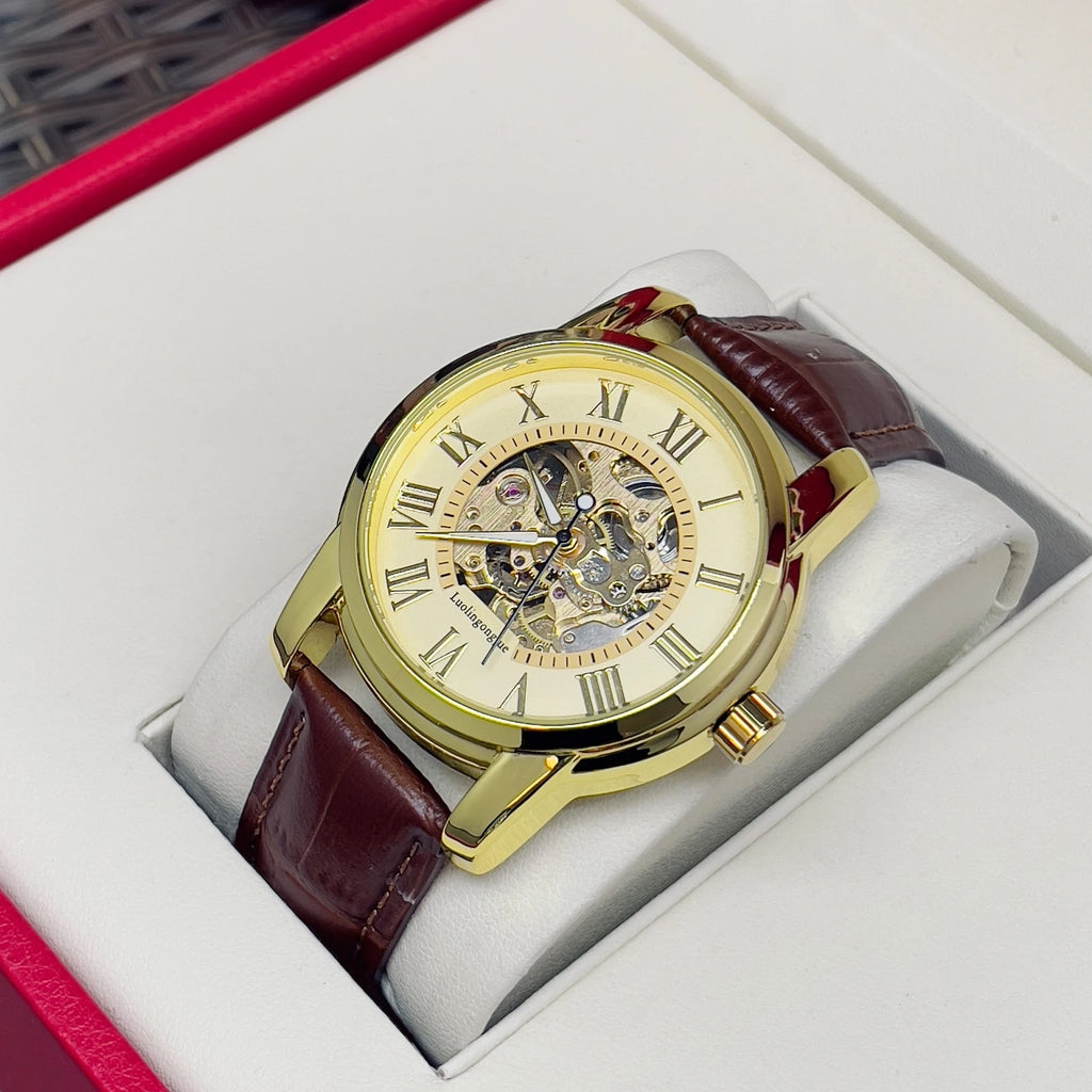 AOKULASIC Skeleton Leather Automatic Watch