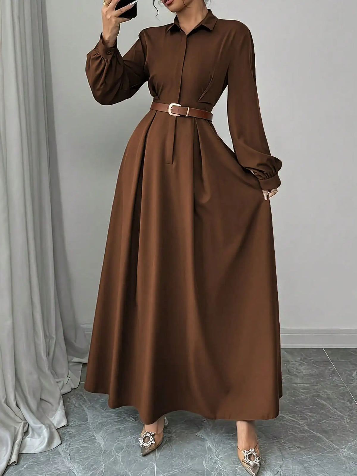 Lantern Sleeve Pleated Maxi Dress