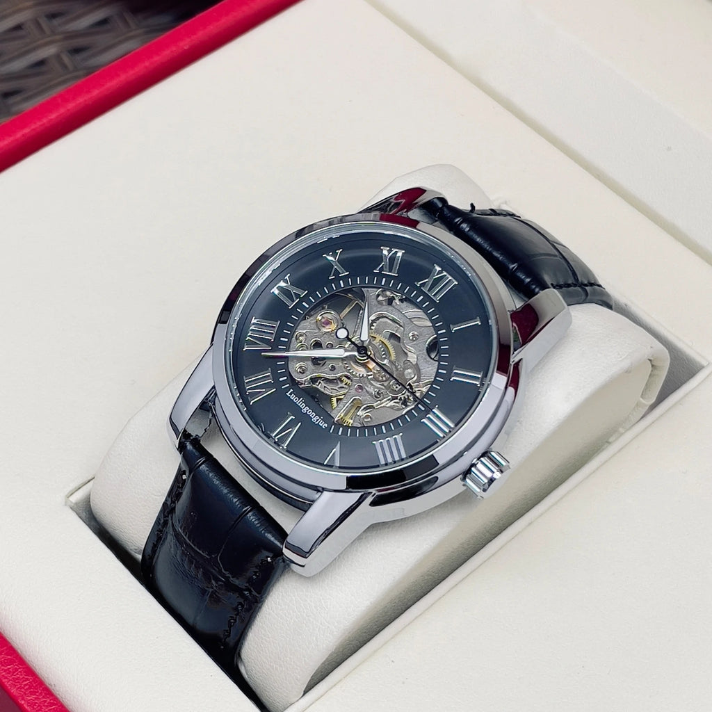 AOKULASIC Skeleton Leather Automatic Watch