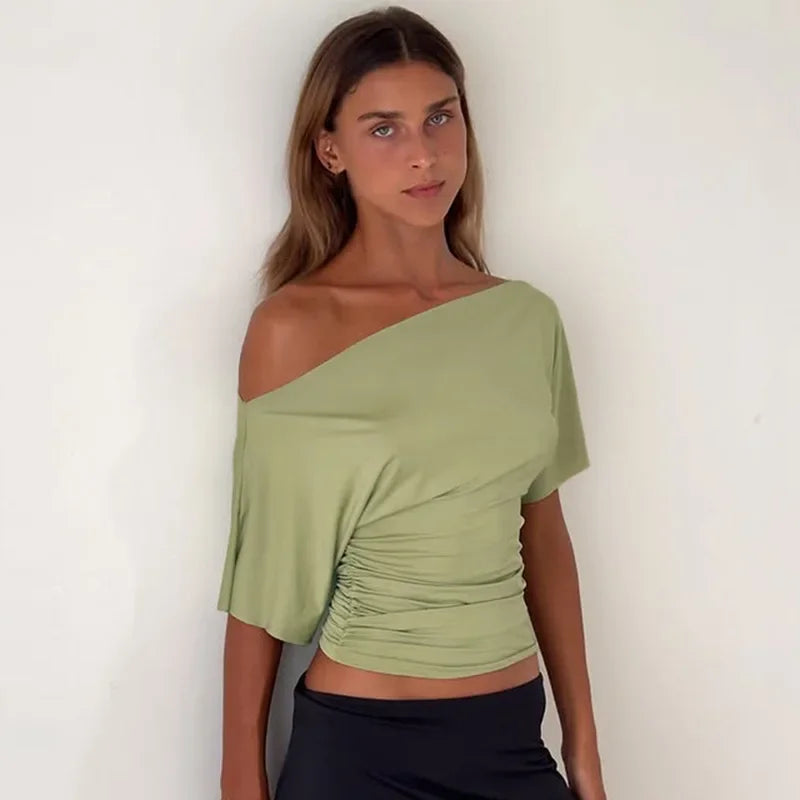 Polyester Solid Asymmetric Collar True-To-Size Fit Top
