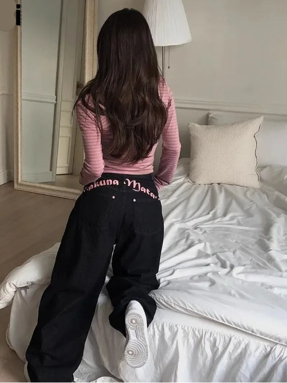 Flikii Letter-Embroidery Baggy Jeans