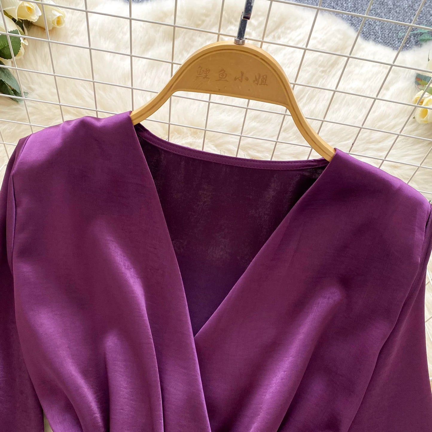 Satin V-Neck Ruched Mini Dress