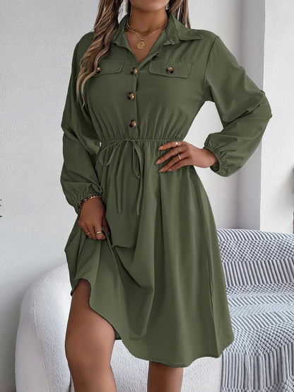 Autumn Winter Button-Up Tie Waist Shirt Dress