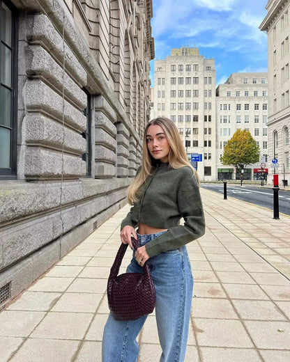 Beige Green Cropped Cardigan