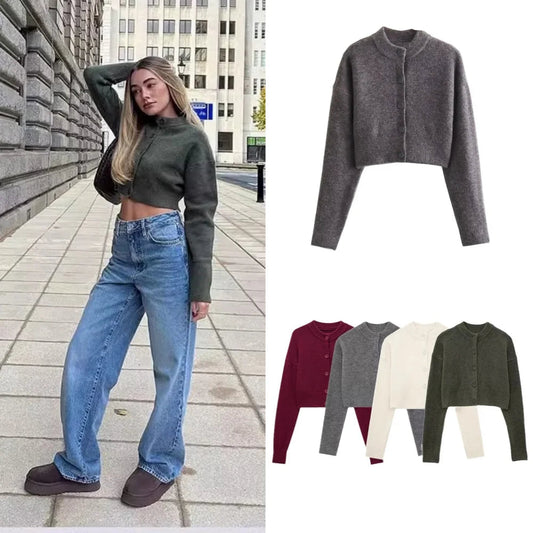 Beige Green Cropped Cardigan