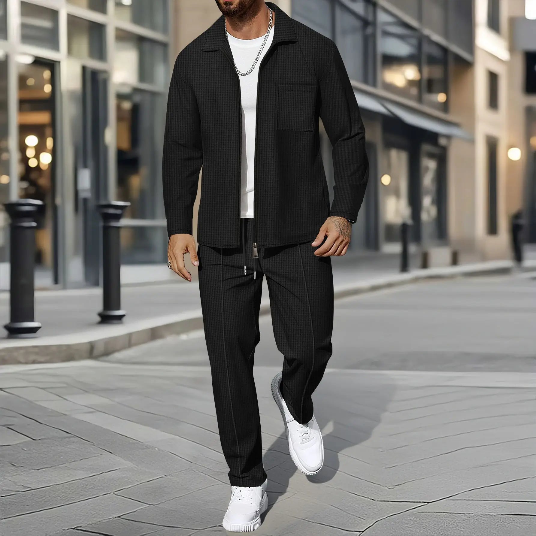 Waffle Zip Shirt Coat Trousers Set