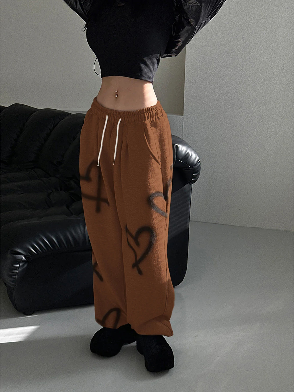 Heart Print Drawstring Wide-Leg Sweatpants
