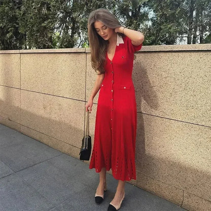V-Neck Knitted Button Long Dress